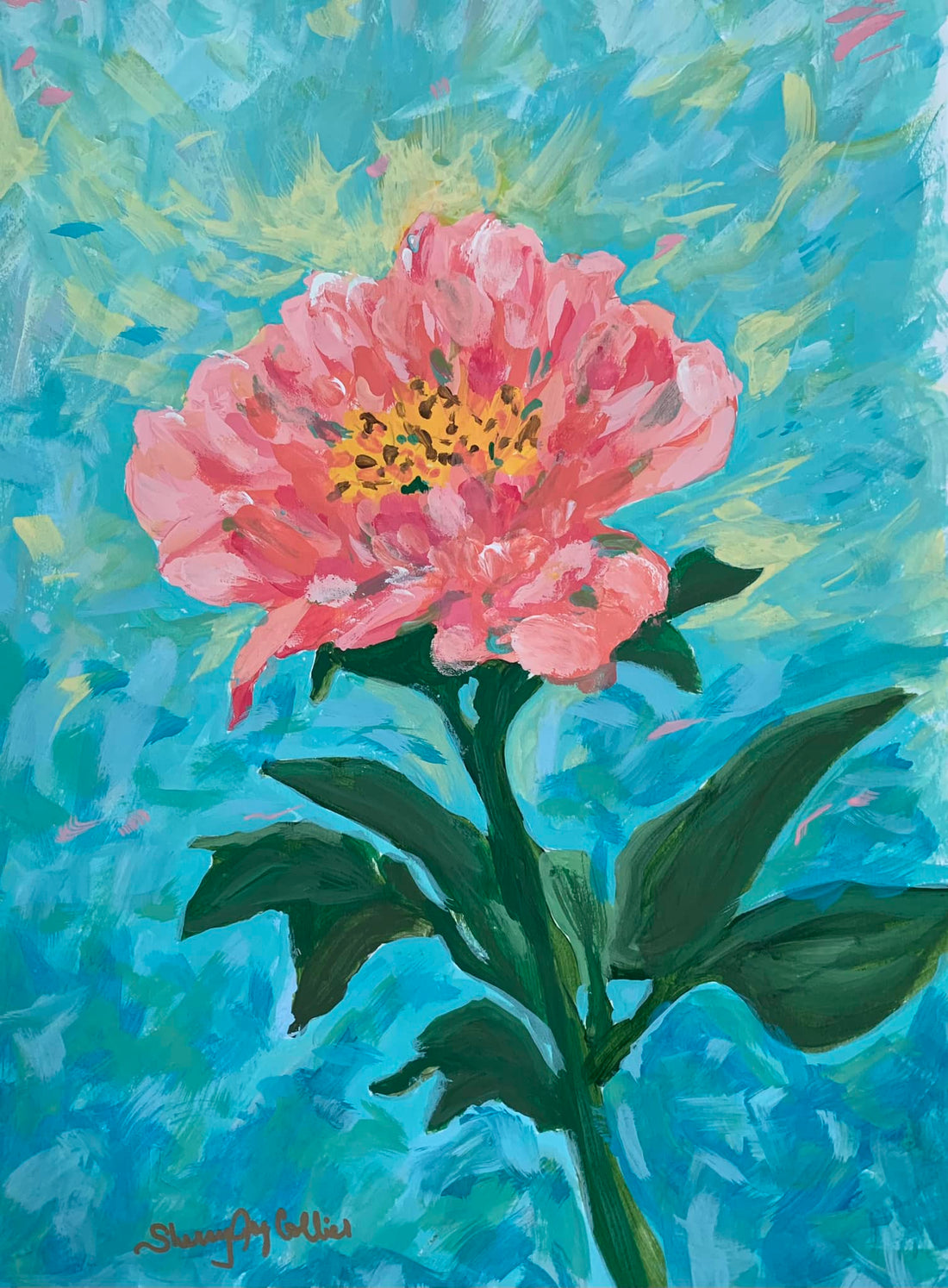 A painting of a coral colored peony with a blue background.