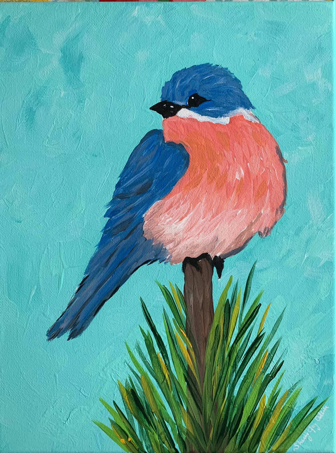 painting of a blue bird with a light red chest