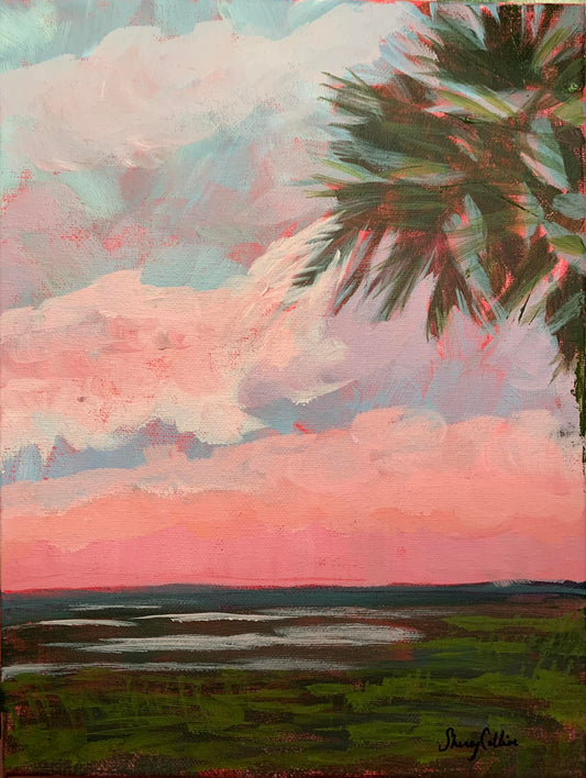 A painting of a coastal sunset with palm trees.