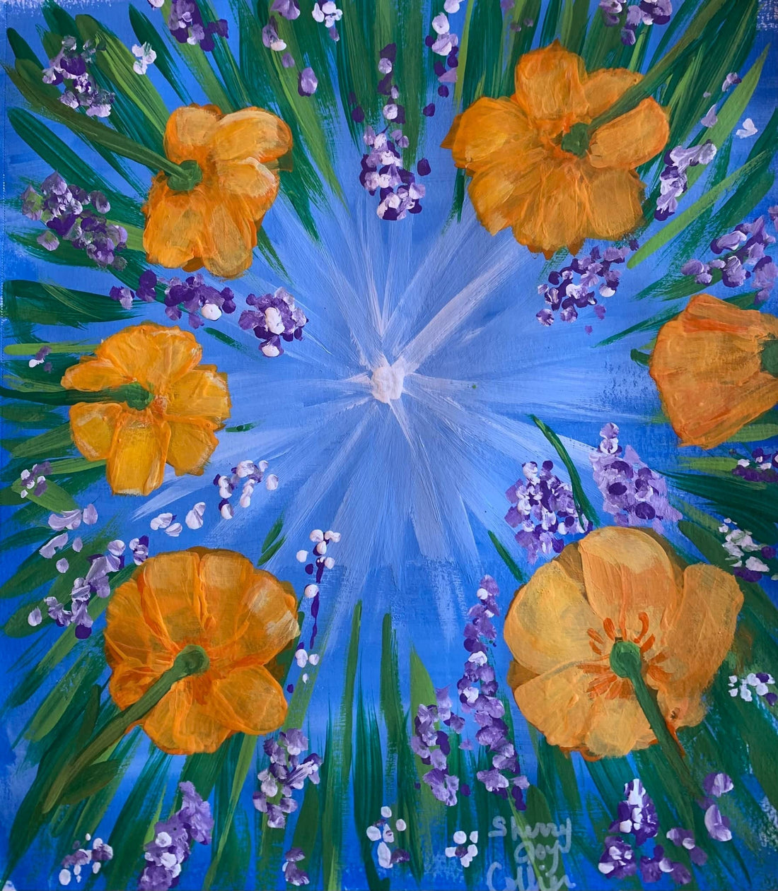 An acrylic painting of flowers looking up at the sunshine.