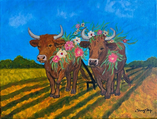 Fine Art Painting of Oxen Yoked with Flowers