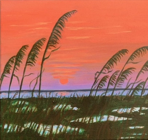 Acrylic painting of a beach sunset with grasses waving in the wind.
