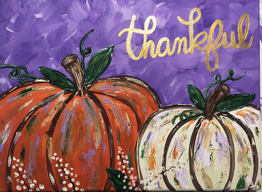 Painting of an orange and white pumpkin with purple background.