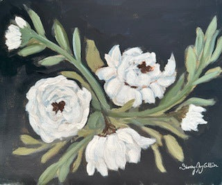 An acrylic painting of white flowers on a black background.