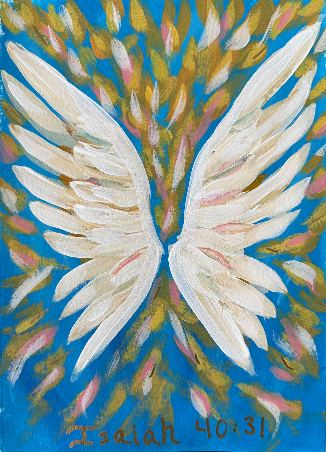 White wings on a blue background with yellow flecks