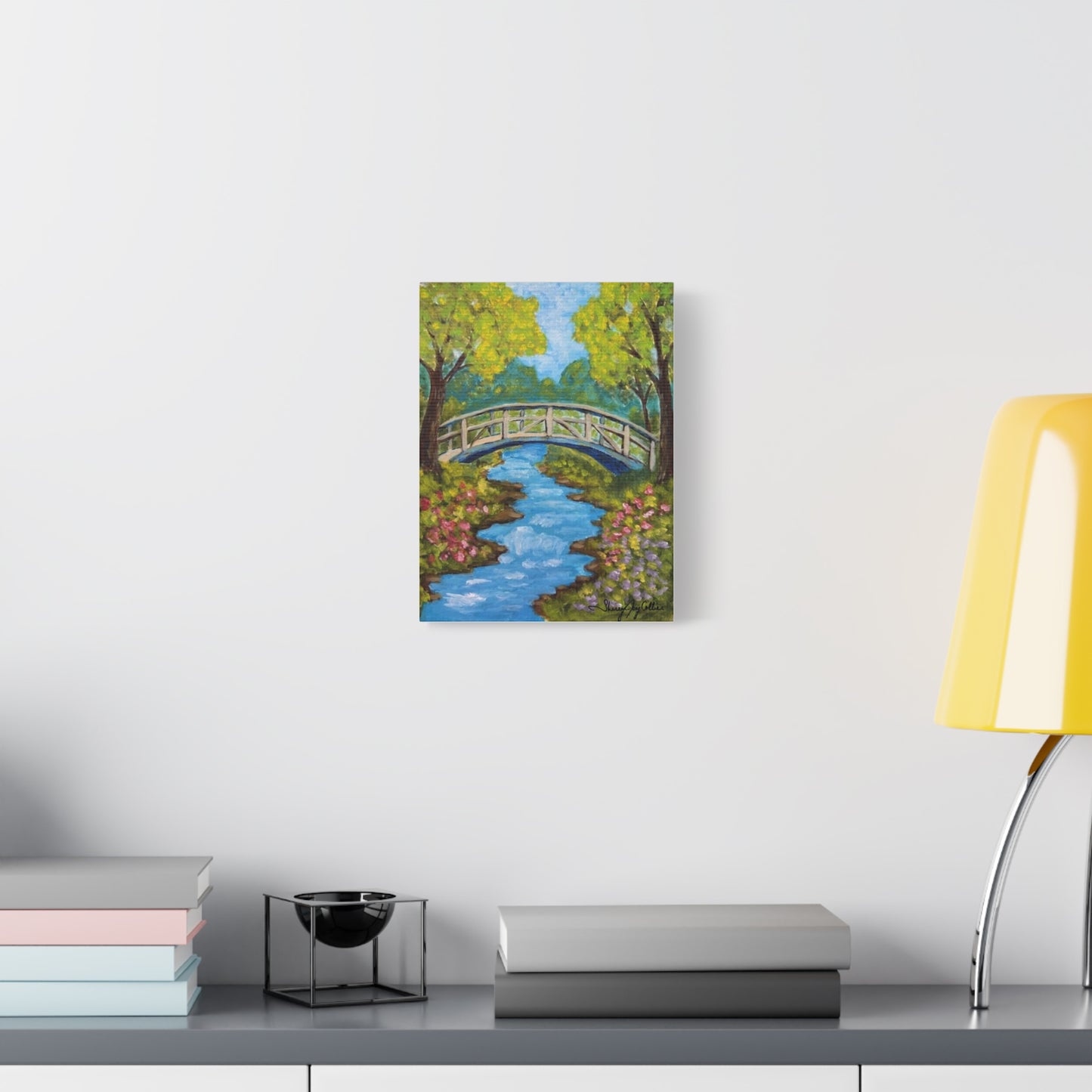 Crossing Into Serenity - Canvas Wall Art, Bridge Over Scenic Stream, Perfect for Home Decor, Garden Theme, Nature Inspired, Gift Idea for Nature Lovers