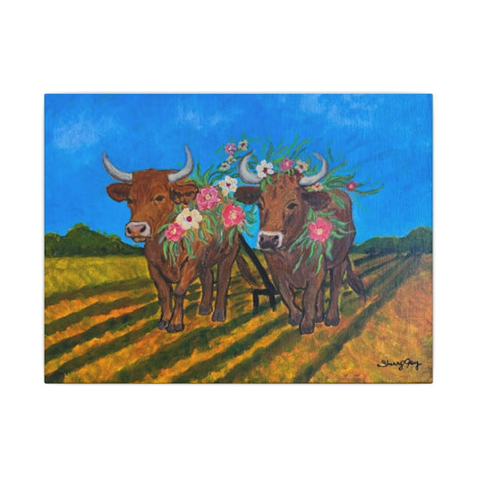 "My Yoke is Easy and My Burden is Light" Painting, Farmhouse Canvas Wall Art, Oxen, Rustic Home Decor, Floral Animal Art, Country Kitchen Wall Decor