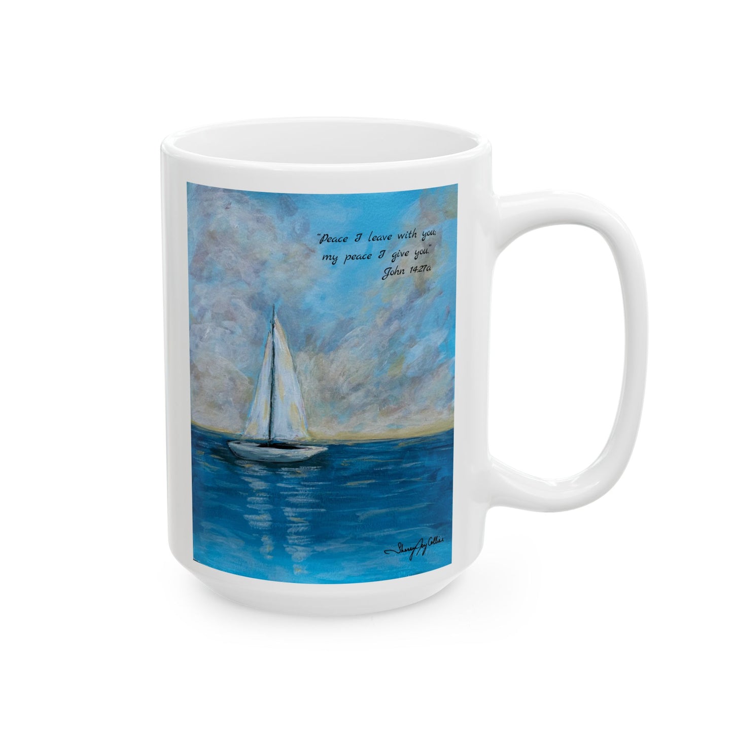 Serene Sailboat-Faith based Ceramic Mug — "Peace I Leave with You" Beach Art Coffee Cup (11oz & 15oz)