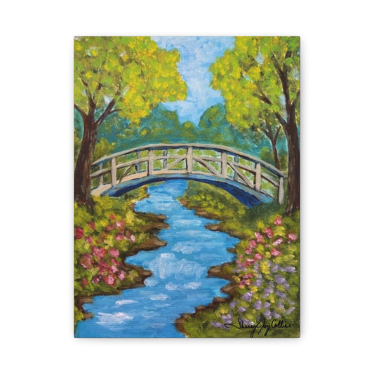 Crossing Into Serenity - Canvas Wall Art, Bridge Over Scenic Stream, Perfect for Home Decor, Garden Theme, Nature Inspired, Gift Idea for Nature Lovers