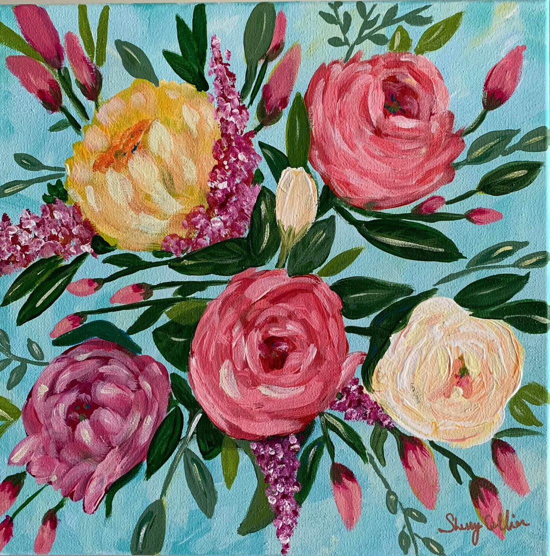 A painting of yellow, pink, and red flowers.