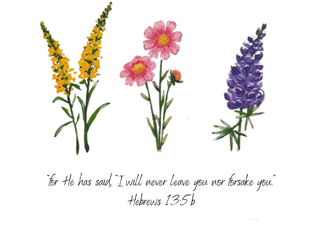 A painting of some flowers with the verse Hebrews 13:5b on it