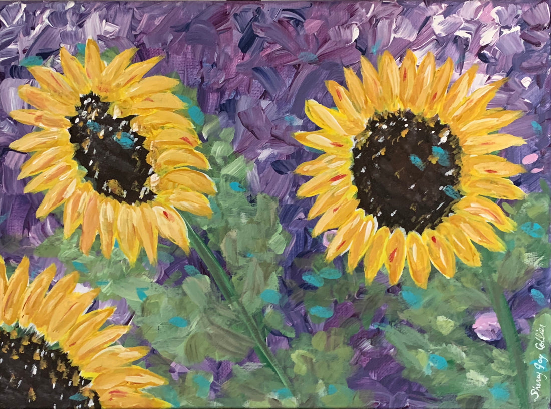 A painting of three sunflowers with a purple background.