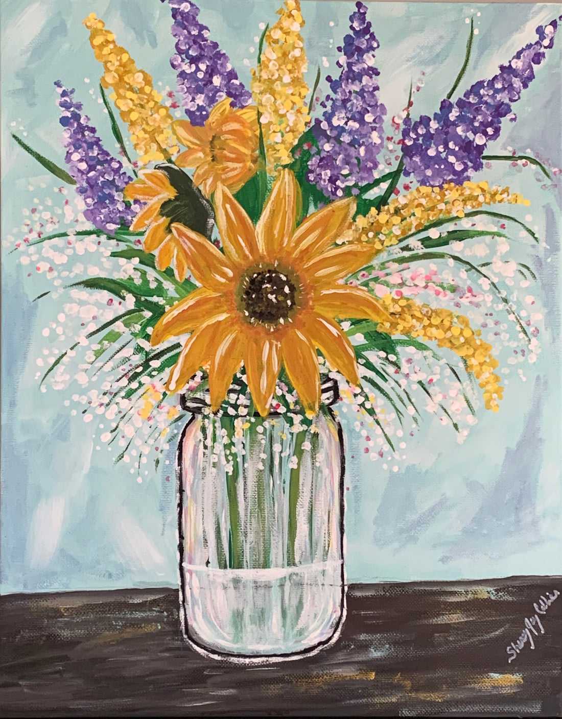 A Painting of a glass vase with sunflowers and lilacs.