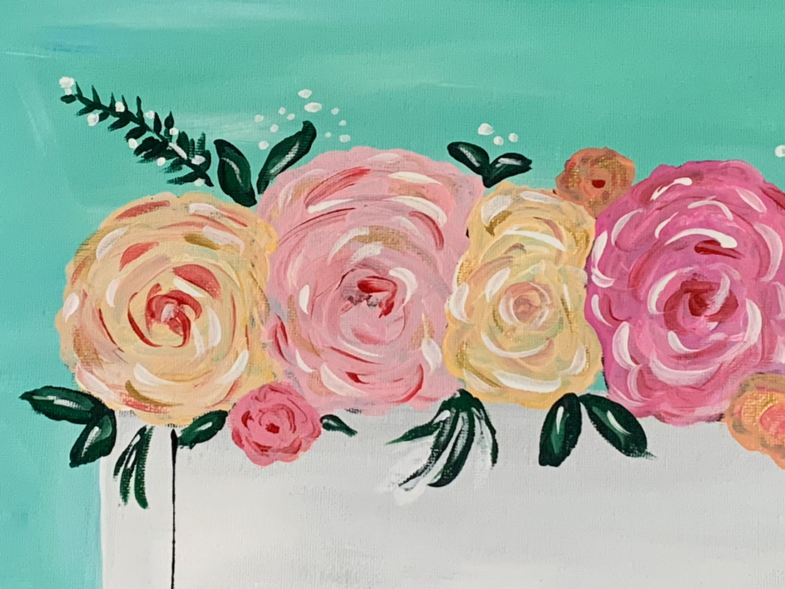 A painting of flowers in a white box with a teal background.