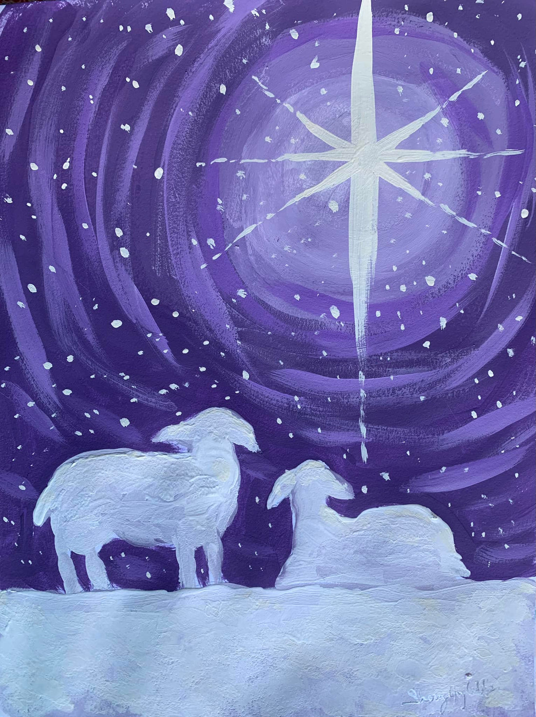 A painting of two sheep gazing up at the Star of Bethlehem