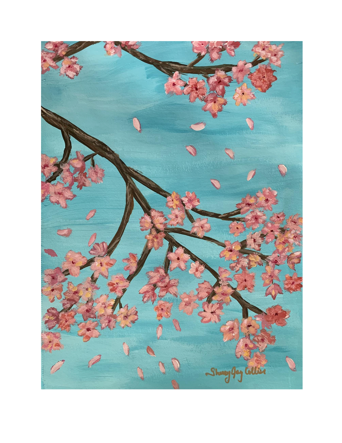 cherry blossoms with a blue background.