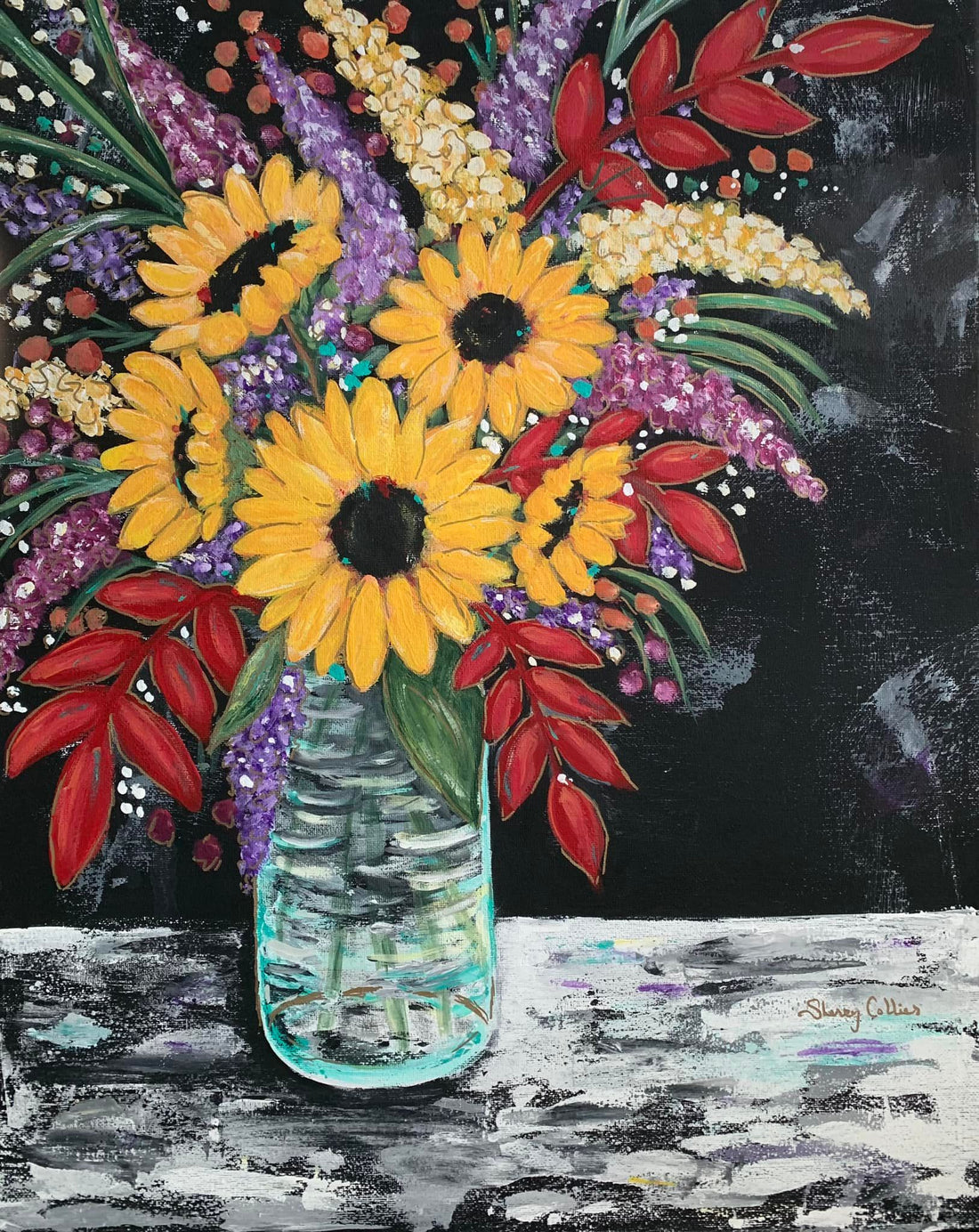 Acrylic Painting of Sunflowers and brightly colored leaves on a black background