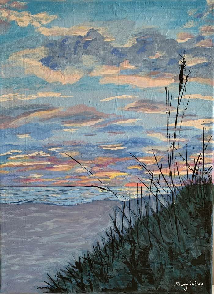 A Painting of a Florida beach at sunset.