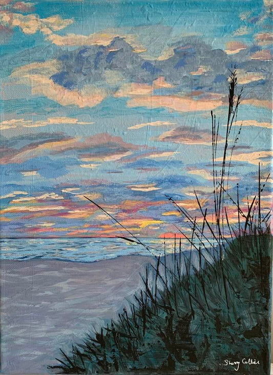 A Painting of a Florida beach at sunset.