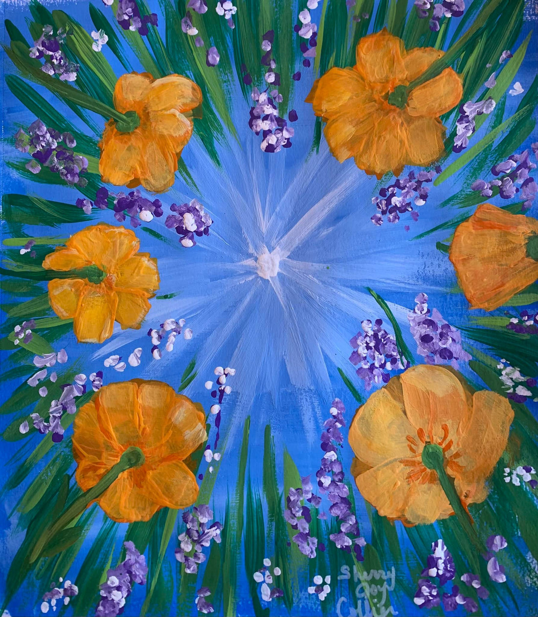 painting of flowers looking up from the ground toward the sun