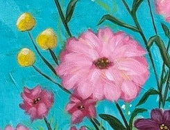 An acrylic painting of pink and yellow flowers.