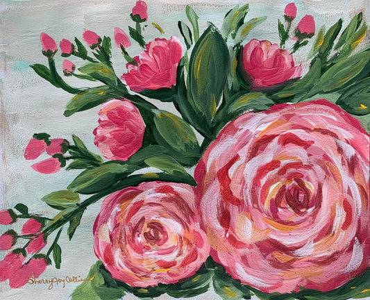 A painting of a close up of red roses