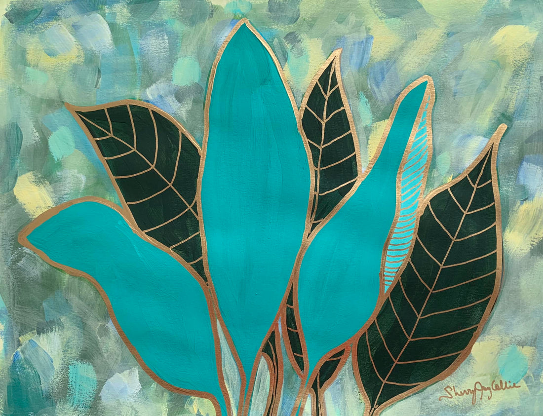 painting of green and teal leaves with gold veins and outline