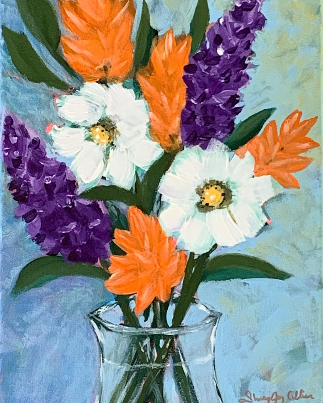 A painting of white, purple and orange flowers with blue background.