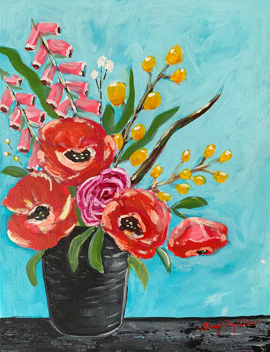 Painting of a black vase of red peonies and pink foxgloves with blue background