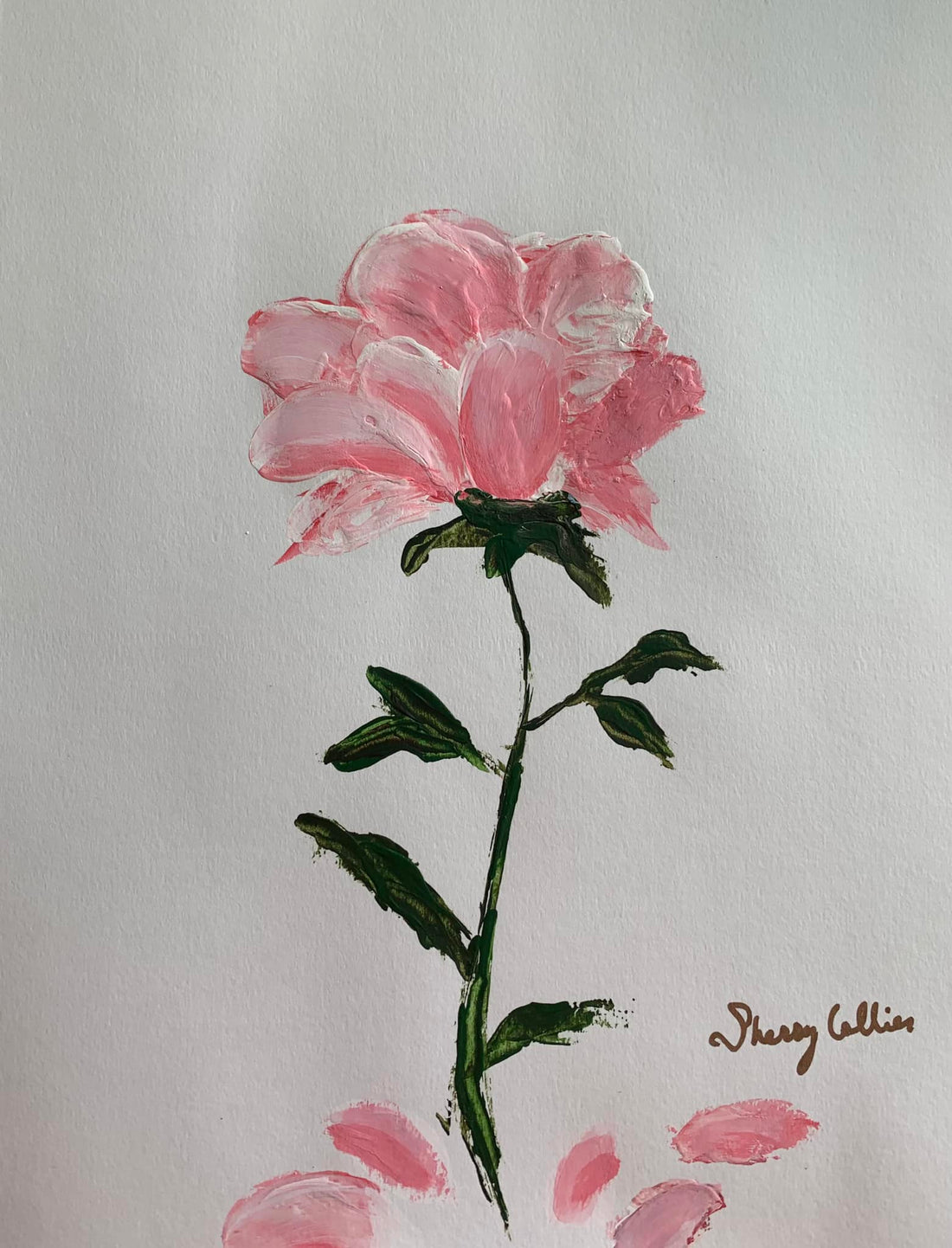 A painting of a single pink rose with green stem and leaves.