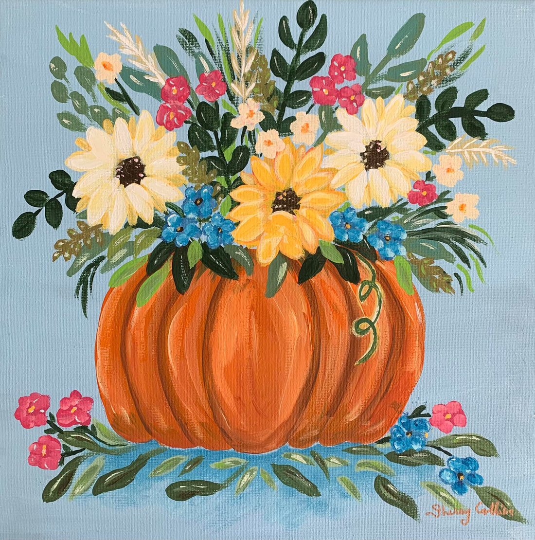 An acrylic painting of an orange pumpkin with a flower arrangement in it.