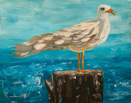 a painting of a seagull standing on a post with blue water in background