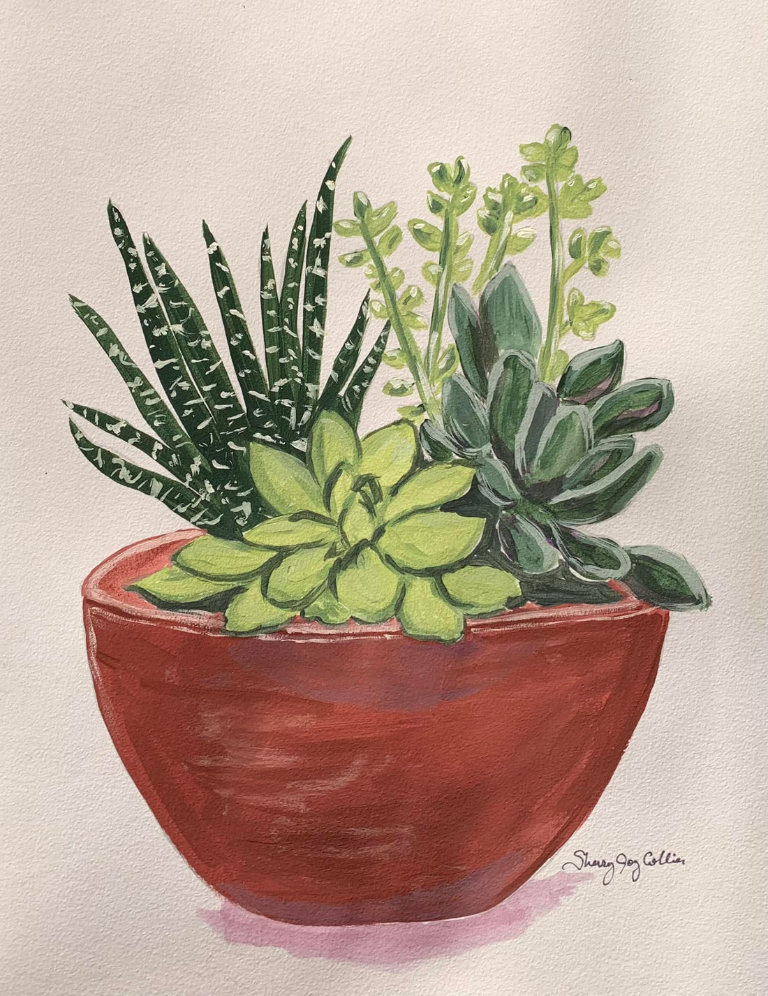 Hand Painted art of green succulents in a round, clay pot.