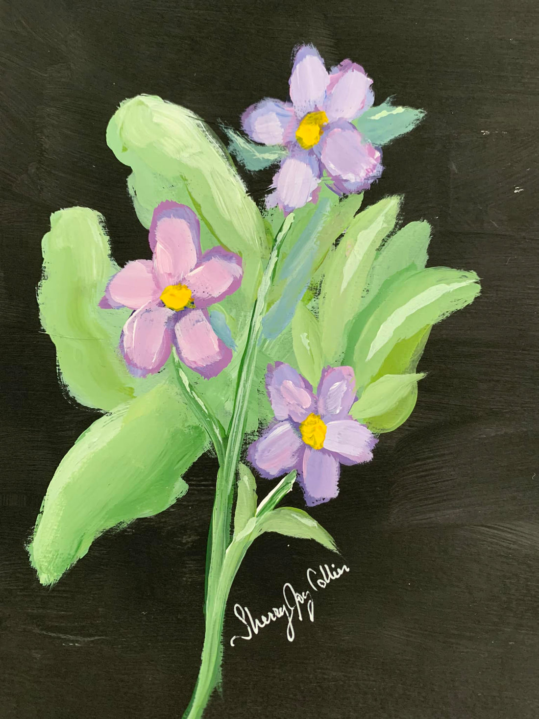 A painting of violets and their leaves on a black background