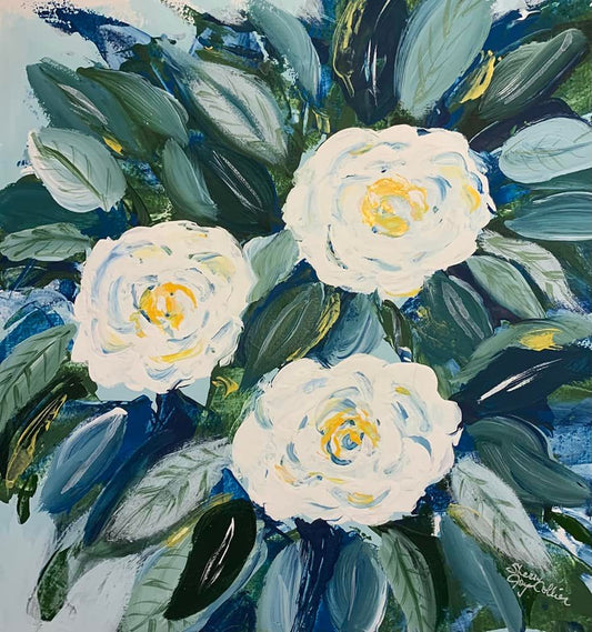 Hand painted, white, flowers on a leafy green background.