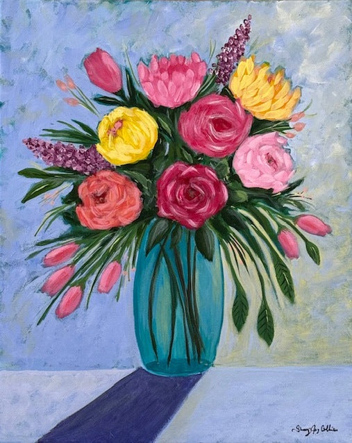 An acrylic painting on canvas of bright flowers with blue background