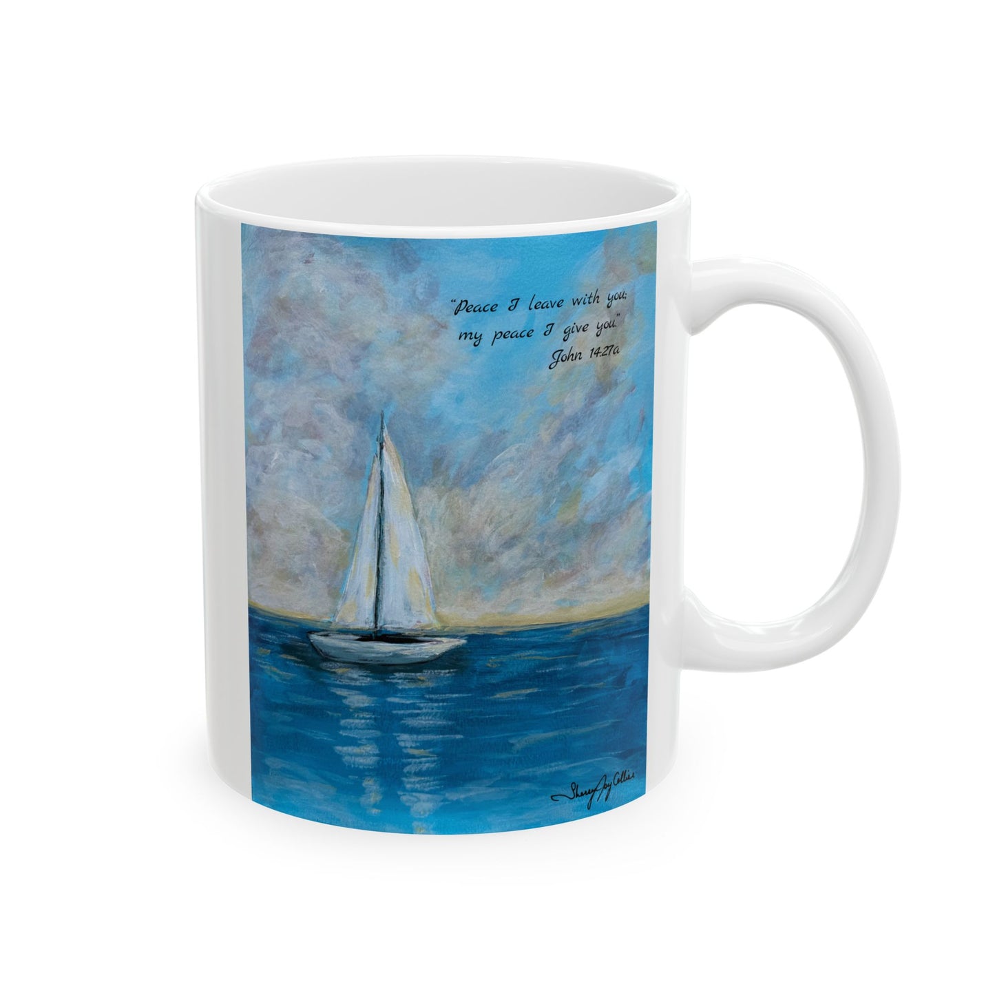 Serene Sailboat-Faith based Ceramic Mug — "Peace I Leave with You" Beach Art Coffee Cup (11oz & 15oz)