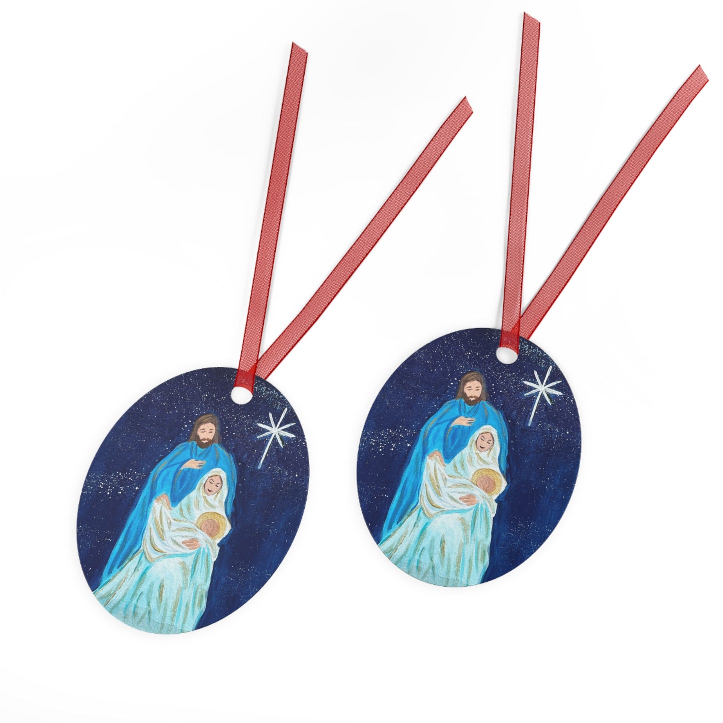 Christmas Metal Ornament - Faith-Filled Oval with Joseph, Mary, and Baby Jesus Artwork by Sherry Joy Collier