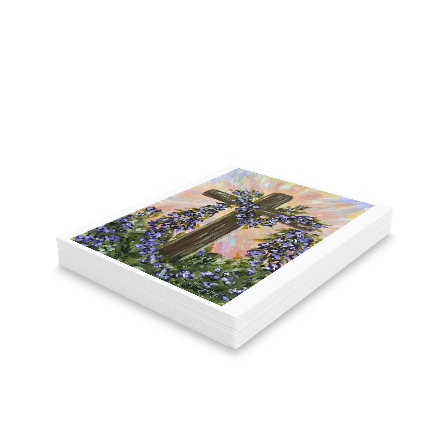 Religious Greeting Card - Cross with Purple Flowers - Blank Inside
