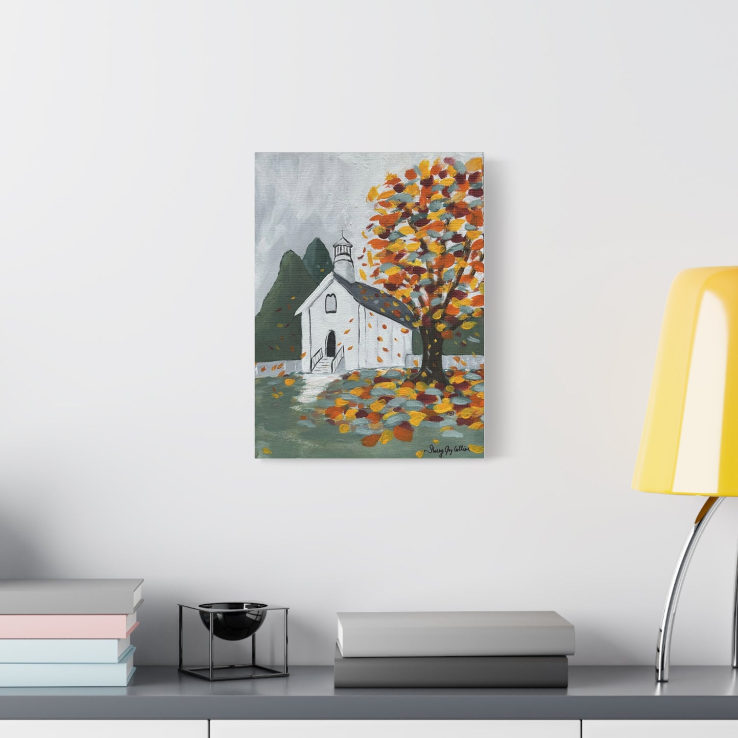 Canvas Print - Autumn Little White Church Scene