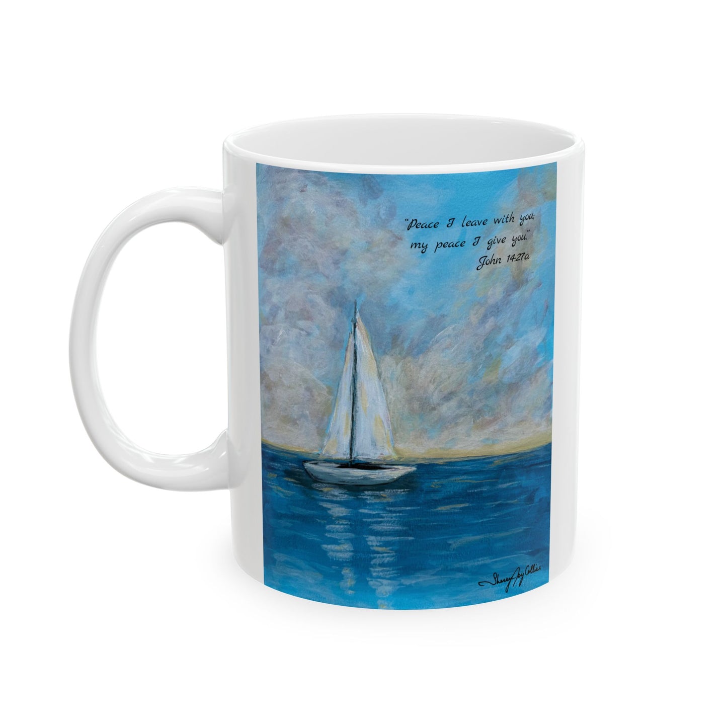 Serene Sailboat-Faith based Ceramic Mug — "Peace I Leave with You" Beach Art Coffee Cup (11oz & 15oz)