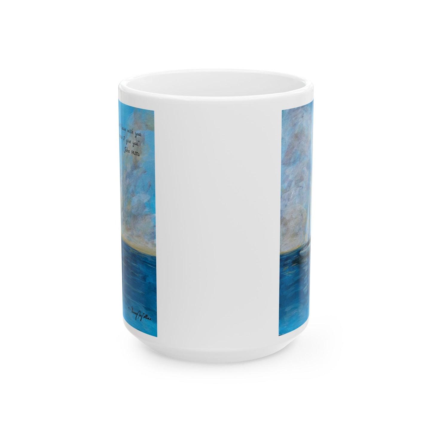 Serene Sailboat-Faith based Ceramic Mug — "Peace I Leave with You" Beach Art Coffee Cup (11oz & 15oz)