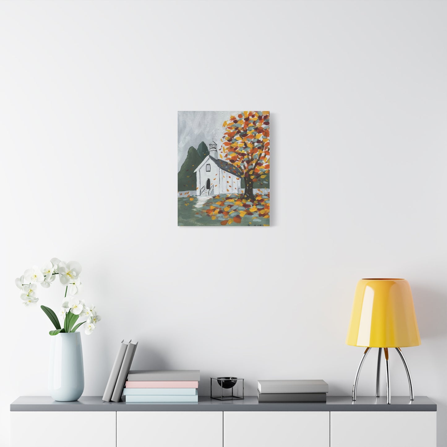 Canvas Print - Autumn Little White Church Scene