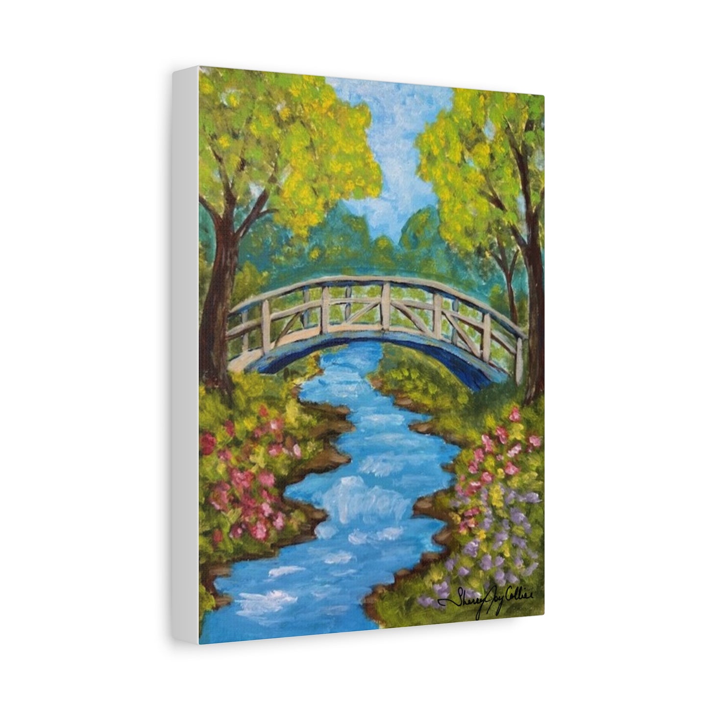 Crossing Into Serenity - Canvas Wall Art, Bridge Over Scenic Stream, Perfect for Home Decor, Garden Theme, Nature Inspired, Gift Idea for Nature Lovers