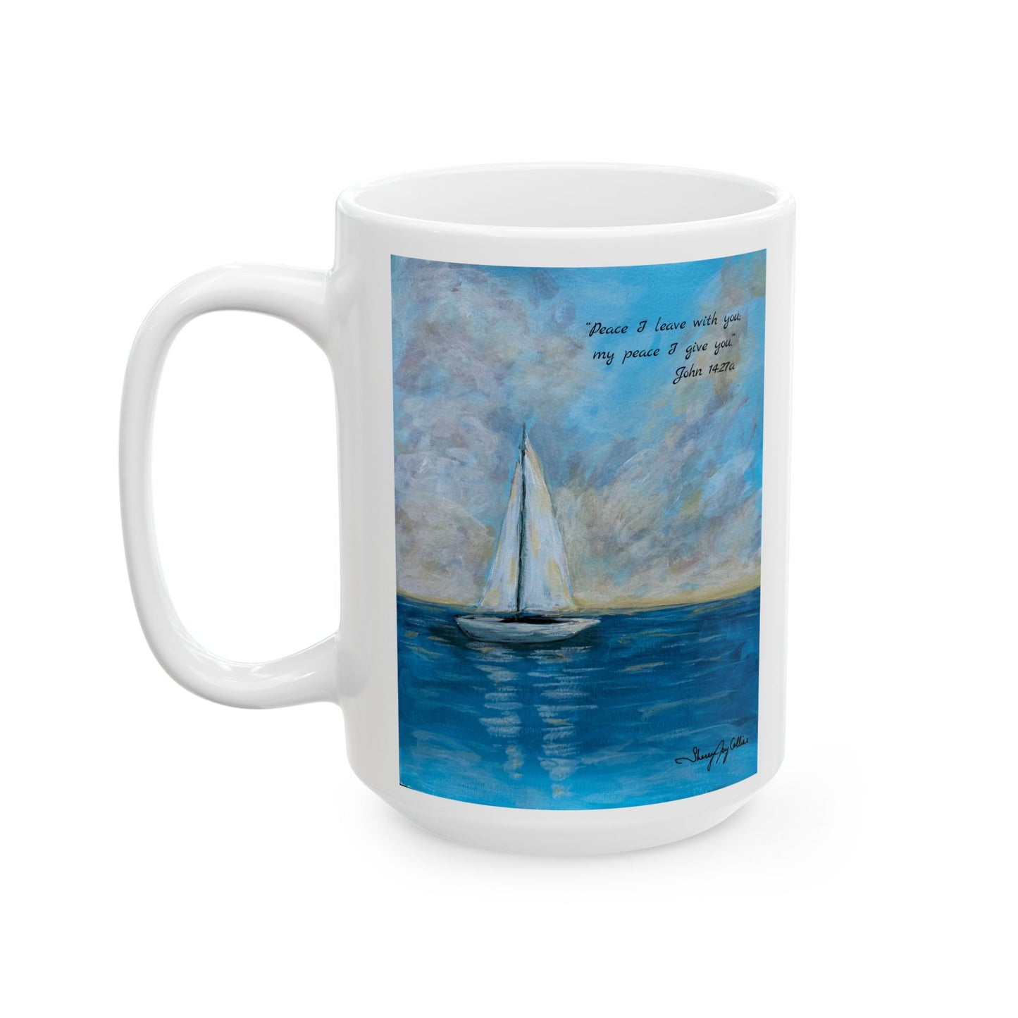 Serene Sailboat-Faith based Ceramic Mug — "Peace I Leave with You" Beach Art Coffee Cup (11oz & 15oz)