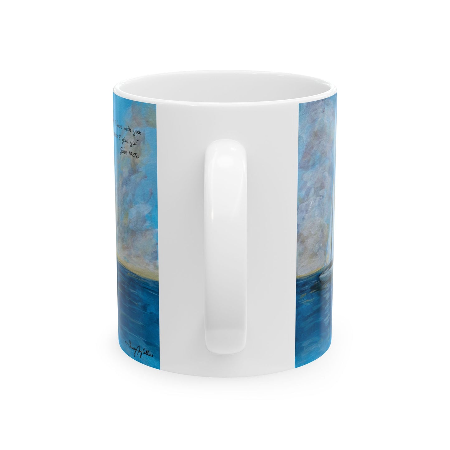 Serene Sailboat-Faith based Ceramic Mug — "Peace I Leave with You" Beach Art Coffee Cup (11oz & 15oz)