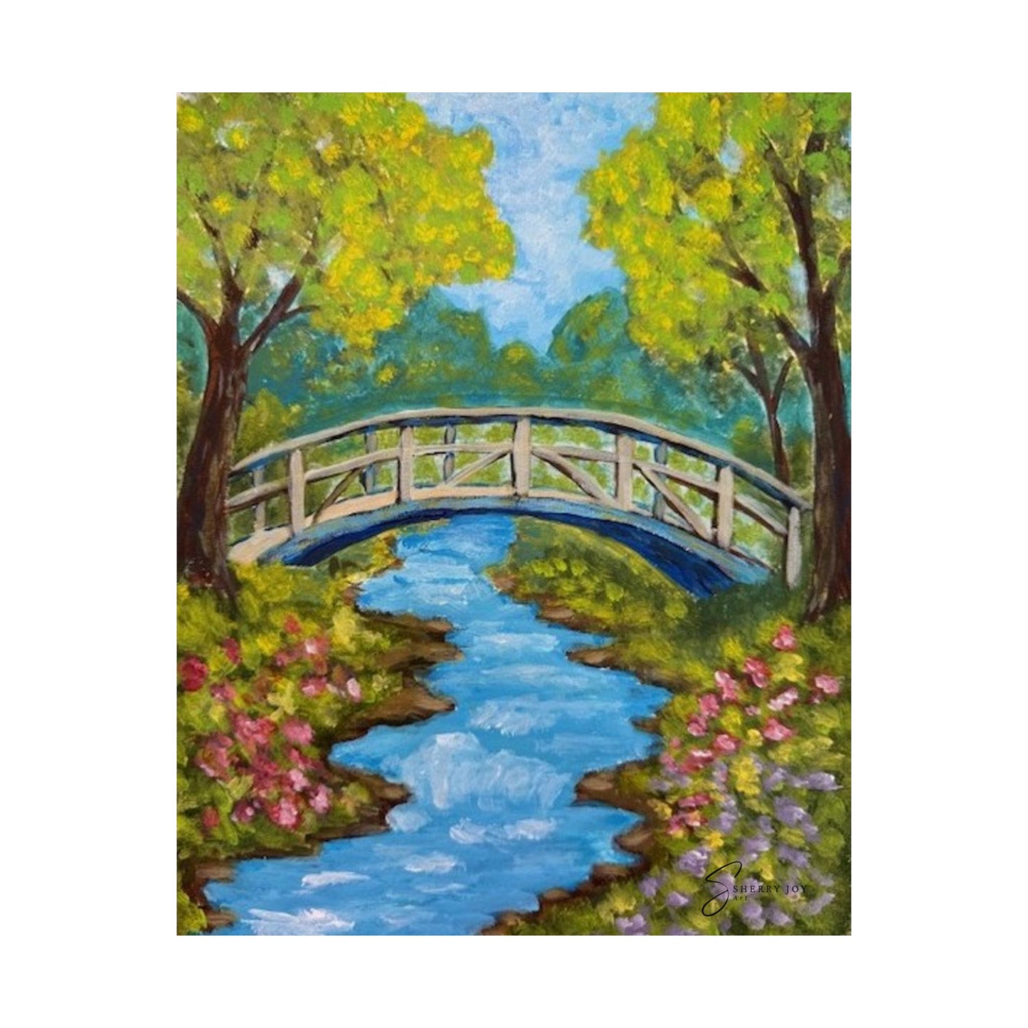 "Crossing Into Serenity" Spring Garden Bridge Poster — Matte Vertical Landscape Art Print