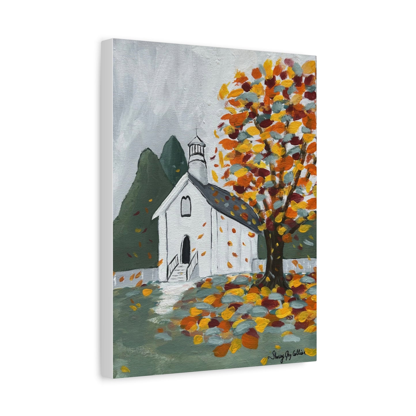 Canvas Print - Autumn Little White Church Scene