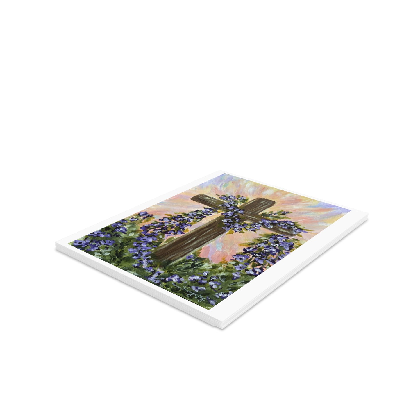 Religious Greeting Card - Cross with Purple Flowers - Blank Inside