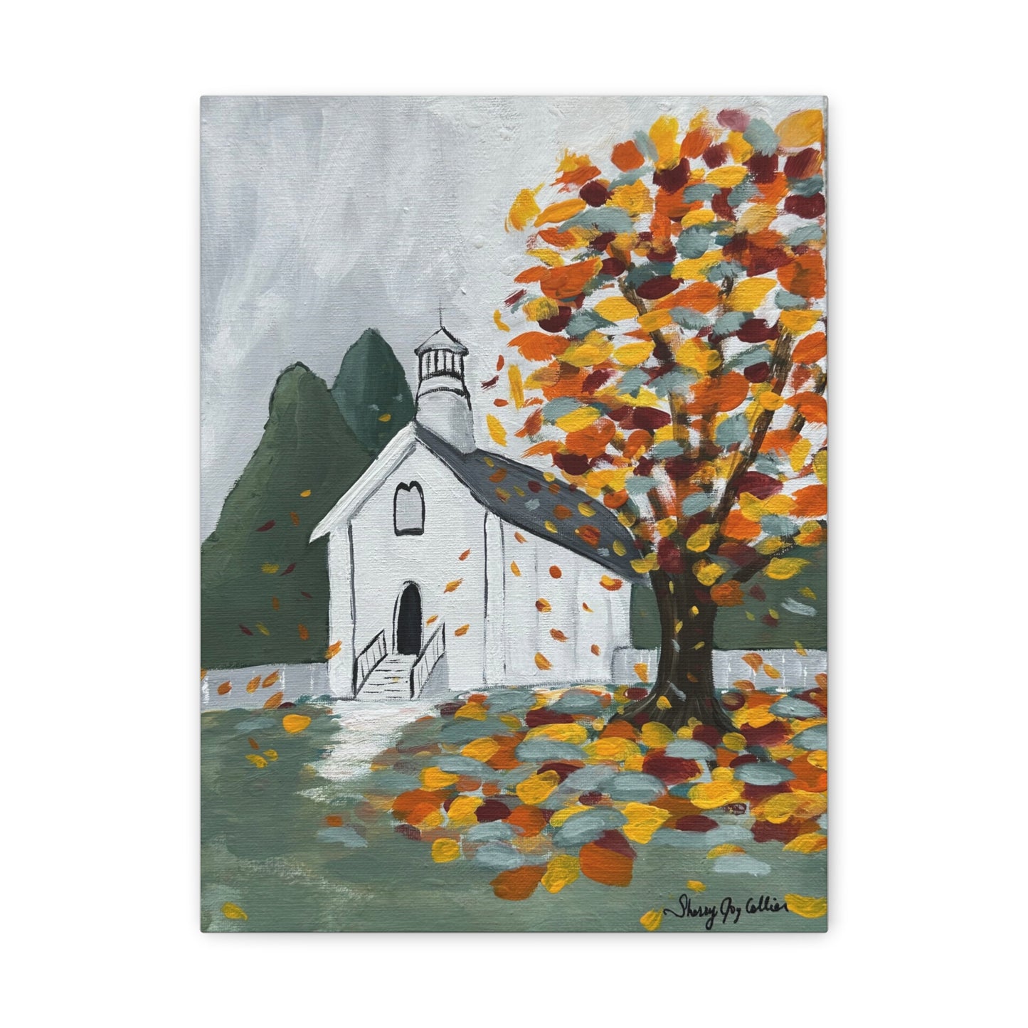 Canvas Print - Autumn Little White Church Scene